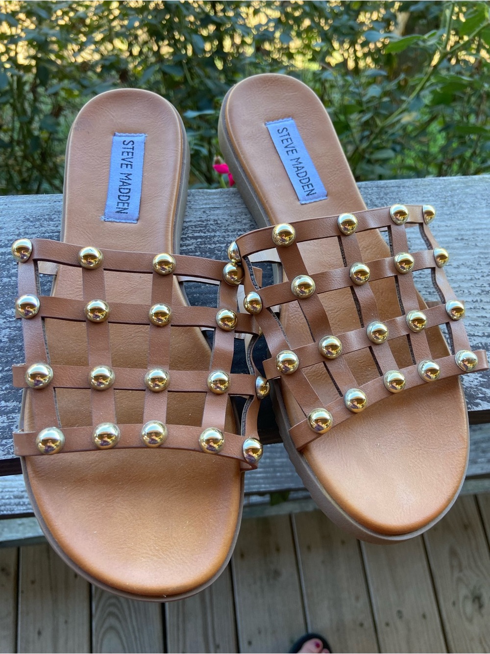 Steve Madden Brown Leather Studded Woven Slide Sandals